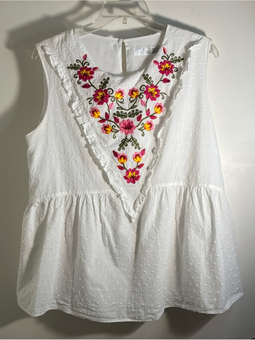 Time and Tru White Sleeveless Peplum Top XL Pink & Yellow Floral Embroidery